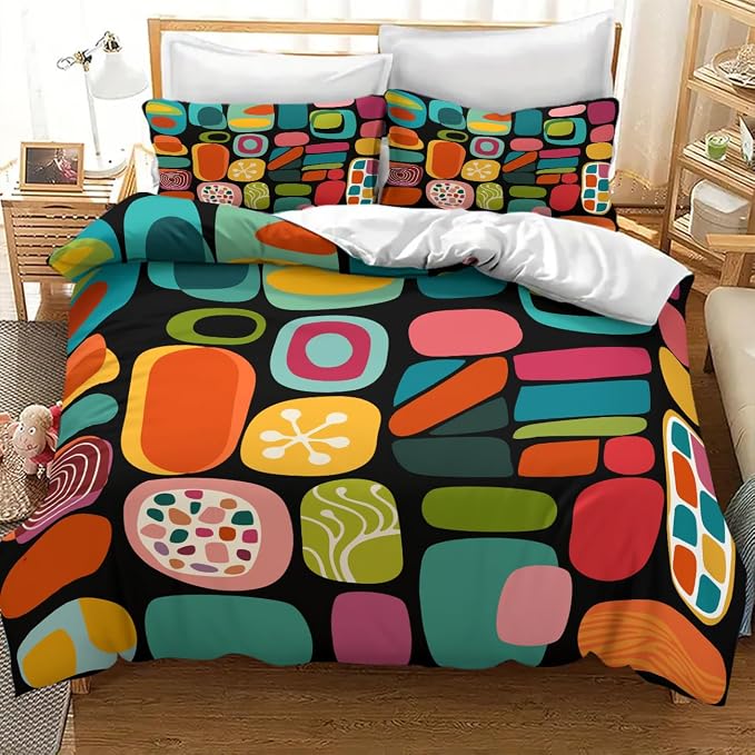 Modern Geometric Bedding Set,Retro Mid Century Colorful Diamond Abstract Geometric Vintage 60s 70s Pattern Comforter Set with Pillowcase for Bedroom Bed Decor，Twin 86"x70"