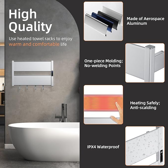 K&KALONZO Towel Warmer for Bathroom, Wall-Mounted Heated Towel Rack with Built-in Timer, Waterproof Alumnimum Electric Towel Heater, Support Plug-in and Hardwired, Sliver, H2-S