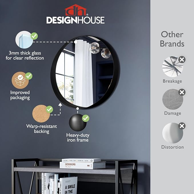 Design House 24-Inch Violette Wall Mirror – Round Mirror with Black Iron Metal Frame – Midcentury Modern Design for Entryway, Vanity, Living Room, Bathroom, 589879