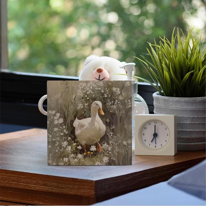 Rustic Wildflower Duck Wooden Box Sign Desk Decor, Ducks Lover Gifts, Vintage Countryside Farmhouse Duck Wood Signs for Home Office Desk Table Shelf Decorations, 5x5 Inch