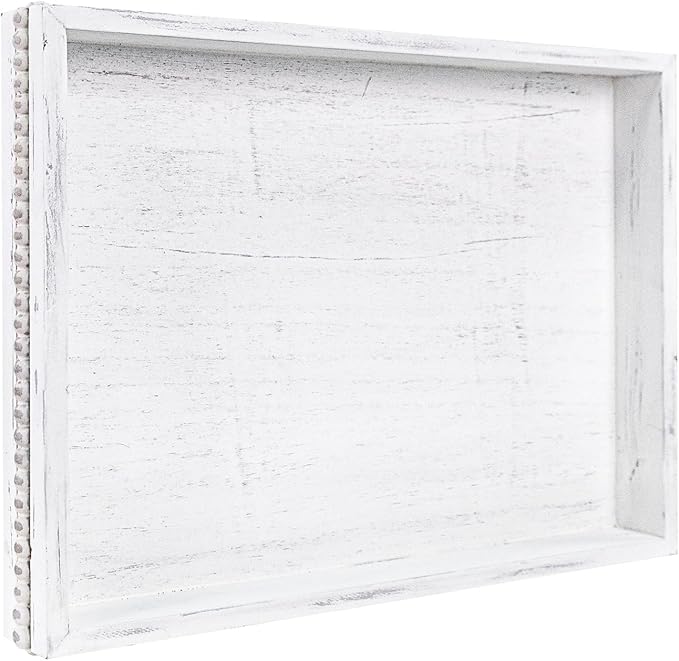 MAONAME Wood Serving Tray, Farmhouse Wooden Tray for Coffee Table, Rustic Rectangle Trays with Beads, Vintage White Decorative Trays for Living Room, Kitchen, 15.7" X 11.8" X 1.57"