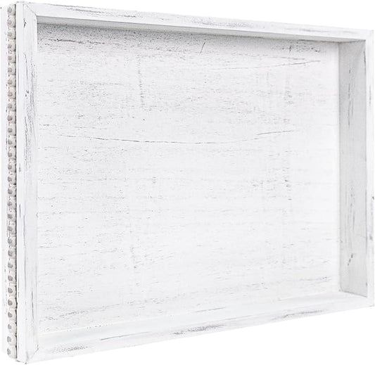 MAONAME Wood Serving Tray, Farmhouse Wooden Tray for Coffee Table, Rustic Rectangle Trays with Beads, Vintage White Decorative Trays for Living Room, Kitchen, 15.7" X 11.8" X 1.57"