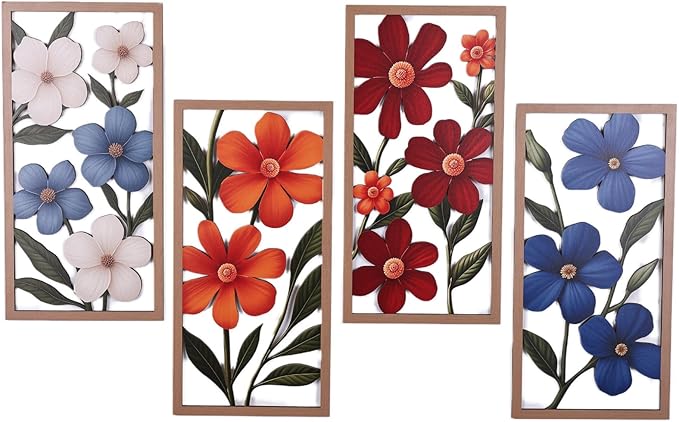 SHENGTIAN 4 Piece Boho Flower Wall Art - Geometric Wood Wall Art, Aesthetic Room Decor, Flower Market Art, Narrow Vertical Abstract Floral Art, Over Bed Wall Decor for Living Room Bedroom Office