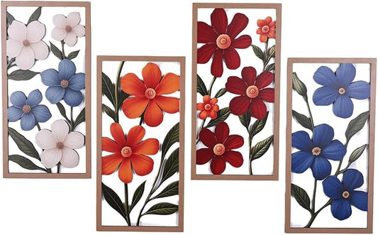 SHENGTIAN 4 Piece Boho Flower Wall Art - Geometric Wood Wall Art, Aesthetic Room Decor, Flower Market Art, Narrow Vertical Abstract Floral Art, Over Bed Wall Decor for Living Room Bedroom Office