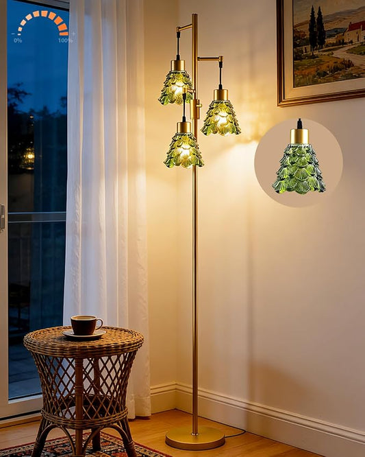 Lightdot 67" Green Glass Floor Lamps for Living Room 3-Light Dimmable Floor Lamp with Glass Shade& Bulbs Included, Mid Century Standing Tall Lamp with 5Lbs Heavy Base for Bedroom/Sofa Beside-Gold