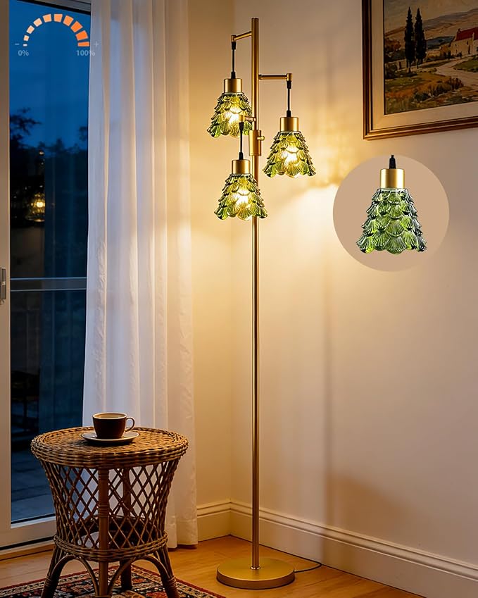 3-Light Modern Glass Floor Lamp, Gold Standing Tall Lamp with Green Pinecone Glass Shade for Reading, Dimmable LED Floor Lamp with 5Lbs Heavy Base for Living Room Bedroom Home Decor, Bulb Included