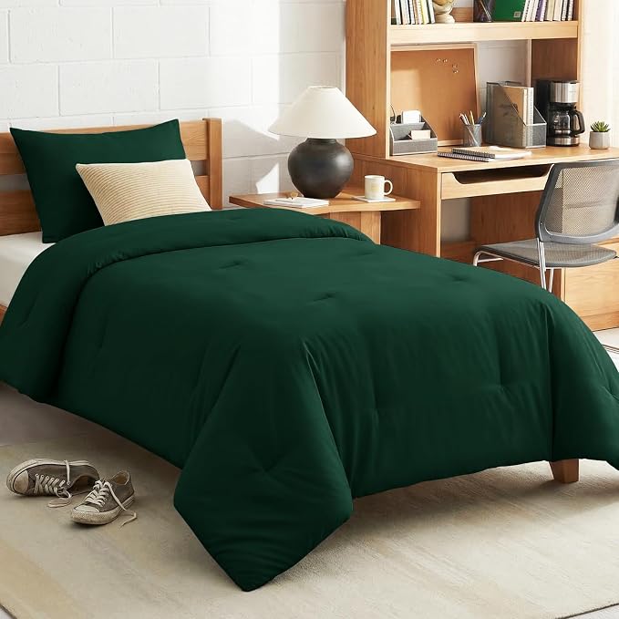 CozyLux Twin Comforter Set College Dorm Essentials, 2 Pieces Emerald Green Twin Extra Long Solid Bedding Set, Twin XL Bed Set with Down Alternative Comforter and 1 Pillowcase, Back to School Room Gift