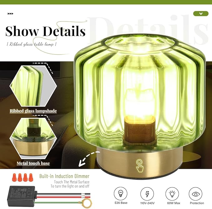 Glass Table Lamp of 2 Touch Table lamp Mid Century Modern lamp Gold Desk lamp nightstand lamp Green Glass Table Lamps Small Table Light for Bedside end Table Bedroom Living Room Office
