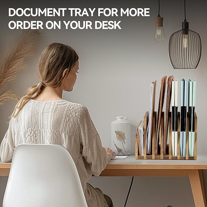 KIRIGEN Wooden Desk Mail Organizer, 7-Slot File Holder and Letter Sorter Wood Document Hlder for Mail, Folders, Bills, Papers, Home Office, Classroom, Countertop, No Assembly Brown 7KWJJ-DBR