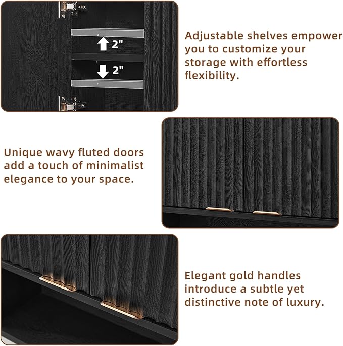 LEYAOYAO Fluted Bathroom Wall Cabinet, Wall-Mounted Medicine Cabinet with Adjustable Shelf & Doors, Farmhouse Floating Over The Toilet Storage Cabinets for Laundry Room, Kitchen, Living Room (Black)