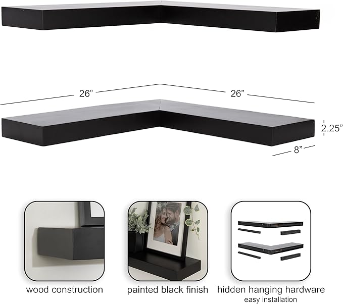 Kate and Laurel Havlock Modern Wood Two-Piece Floating Corner Shelf Set, 26 x 8 x 3, Black, Wooden Corner Kitchen Shelving with Unique Geometric Shape for Living Room Decor or Entryway Storage