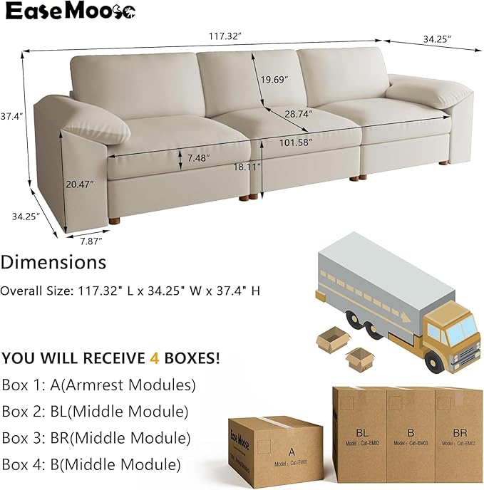 EASE MOOSE 3 Seater Deep Seat Sectional Sofa,Scratch Resistant Faux Leather Material, Oversized Modular Couch,Modern Comfy Sofas for Small Spaces, Beige