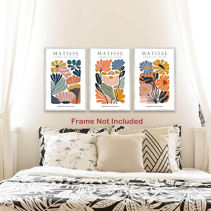 BingruiArt 3Pcs Unframed 16x24in Matisse Wall Art Canvas Colorful Boho Flower Poster Abstract Pictures Minimalist Plant Leaves Painting Prints Decor Aesthetic for Living Room Bedroom Dorm