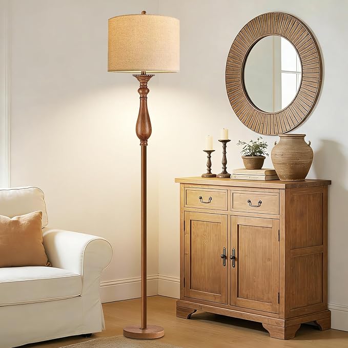 Wood Floor Lamps for Living Room Boho Farmhouse Floor Lamp with Remote Control & 3 Color Temperature,Dimmable Vintage Floor Lamp Mid Century Modern Standing Lamp Pole Tall Floor Lamp Bedroom Corner