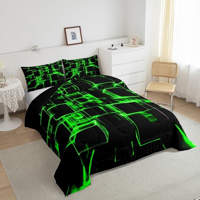 Erosebridal Fluorescent Green and Black Kids Comforter Set, Modern Geometric Square Bedding for Boys Girls Gradient Neon Light Honeycomb Duvet Set Twin 2 Pieces