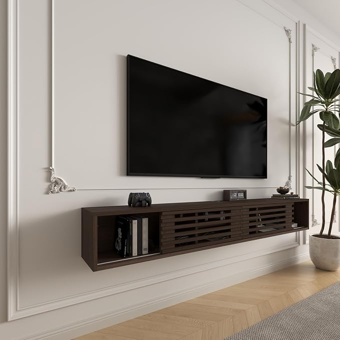 70" Floating TV Stand with Slatted Sliding Doors, Mid-Century Modern Wall Mounted Entertainment Center, Walnut Media Floating tv Console for 85 TV, Space-Saving Cable Management