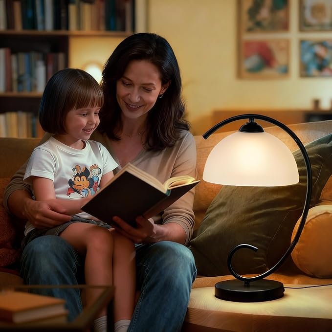 Modern Table Lamp for Bedroom, 17.5" Tall Plug-in Bedside Lamp with Frosted Glass Dome Shade, Sand Black Metal Base, E26 Socket, Corded with Switch – Perfect Nightstand & Desk Lamp (No Bulb)