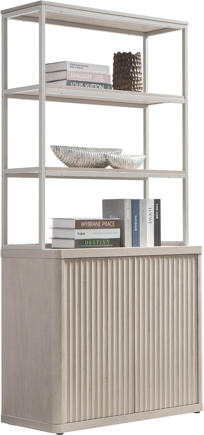 SICOTAS Book Shelf Fluted Bookshelf 71" Tall Bookcase with Doors Storage 5 Tier Mid Century Modern Bookshelves Large Shelves Metal Book Cases for Living Room Office Bedroom Kitchen Library