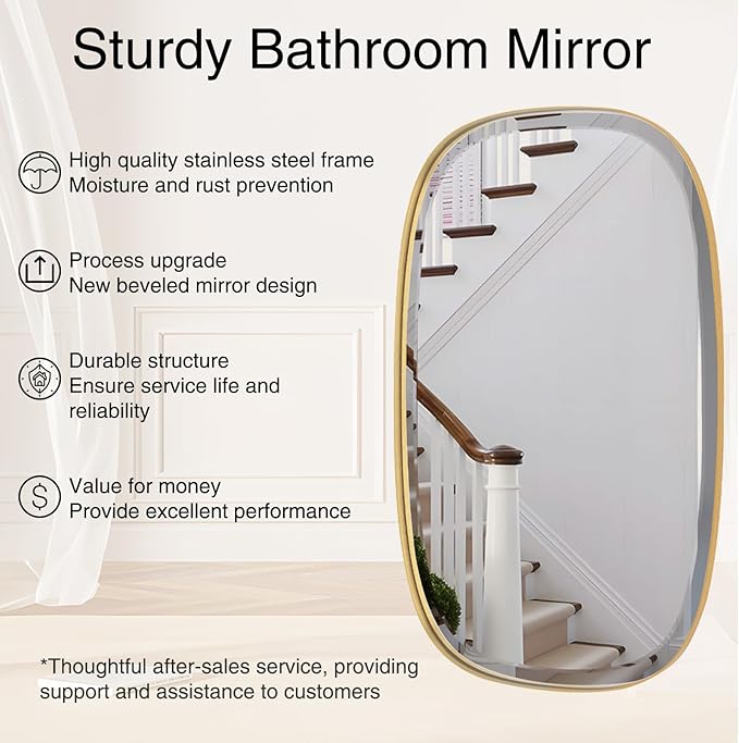 POZINO Brushed Gold Beveled Mirror, 24"x40" Modern Rounded Rectangle Mirrors, Brass Oval Mirrors, Oblong Vanity Wall Mirror in Premium Stainless Steel Frame, Hangs Horizontal Or Vertical