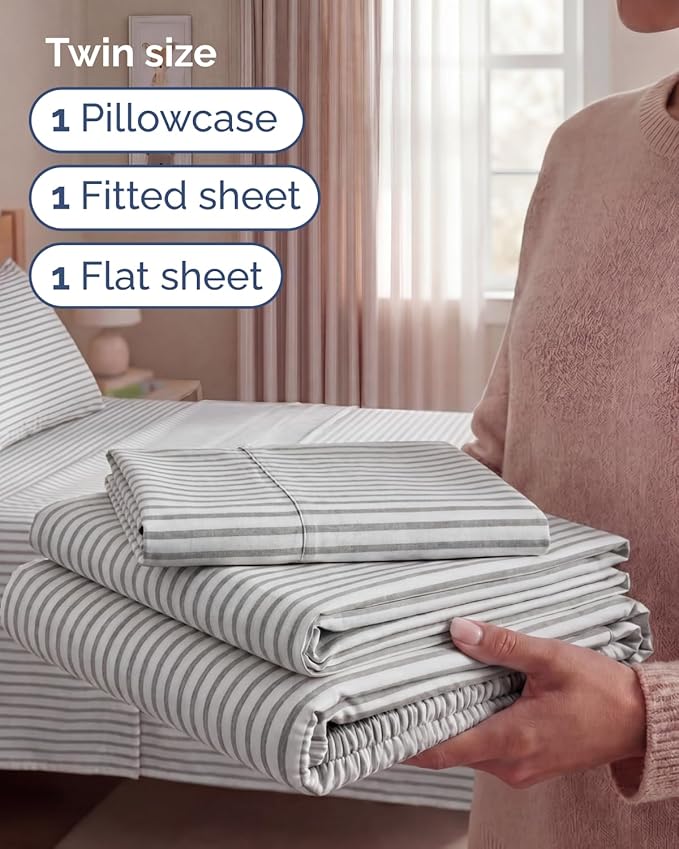 Twin Size 3 Piece Sheet Set - Comfy Breathable & Cooling Sheets - Hotel Luxury Bed Sheets for Women & Men - Deep Pockets, Easy-Fit, Soft and Wrinkle Free Sheets - Grey Stripes Oeko-Tex Bed Sheet Set