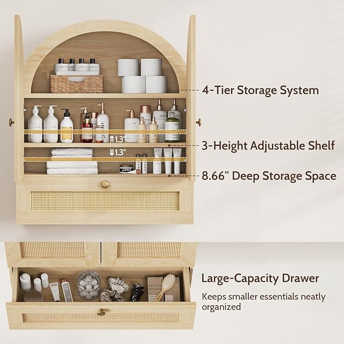 Arched Bathroom Wall Cabinet, Rattan Medicine Cabinet with Drawer, Wall Mounted Hanging Above Toilet Storage Cabinet, Natural 4-Tier Small Over The Toilet Storage Cabinet with Door for Kitchen Laundry