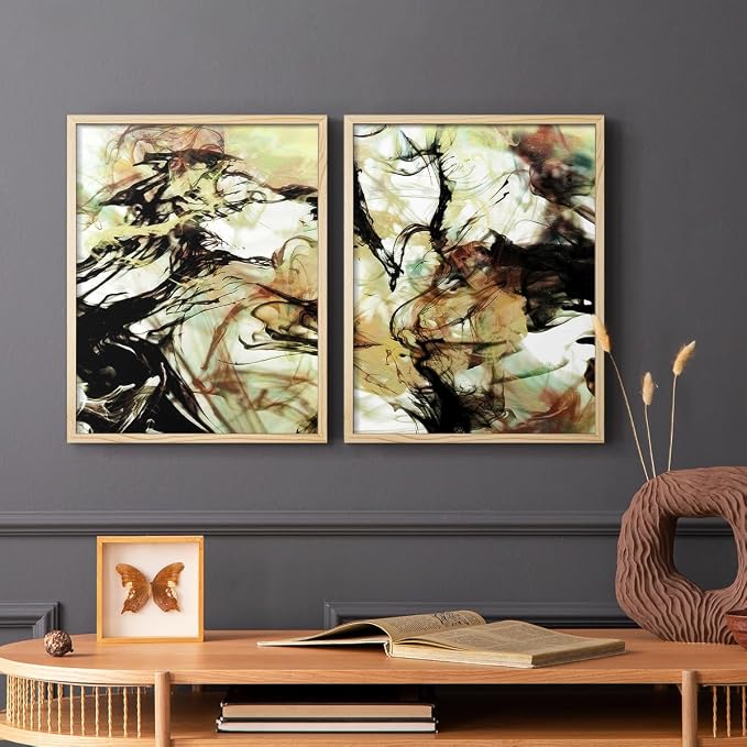 Renditions Gallery Set of 2 Peel & Stick Framed Prints, Abstract Wall Art, Vaping Smoke Design Wall Decor, Re-Stickable - Ready to Hang - 22"x28" - NATURAL WOOD Frame LT588