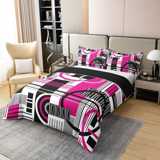 Erosebridal Art Deco Mid Century Duvet Cover Set Retro Modern Abstract Geometric 100% Cotton Comforter Cover Black and White Hot Pink Circles Stripes Queen Bedding Sets, Contemporary Bed Sets