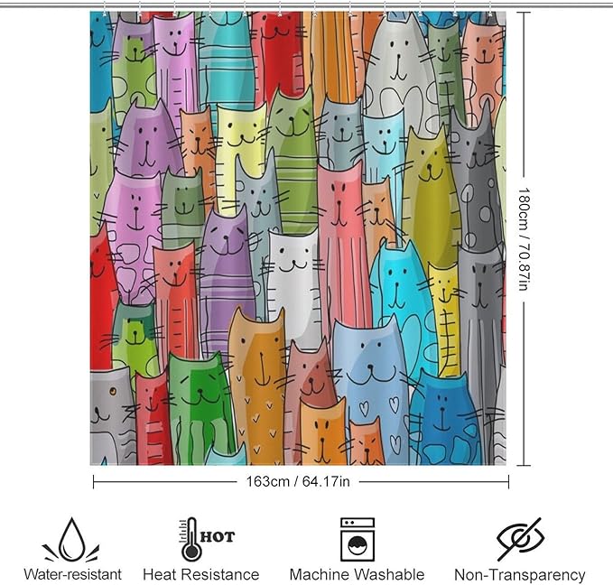 Cat Shower Curtain,Cartoon Cute Cat Pets Colorful Funny Animals Bathroom Curtain Polyester Waterproof Fabric Decor 66x72in（168x183cm）