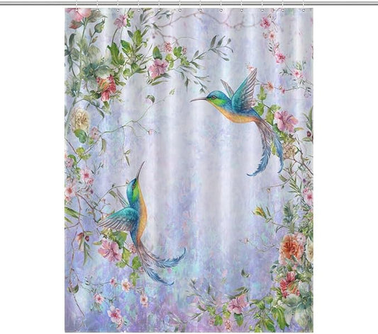 Hummingbird Flower Shower Curtain for Girls,Purple Watercolor Floral Bird Nature Plant Waterproof Shower Curtains for Bathroom Decor 12 Pack Hooks 55x72in（140x183cm）