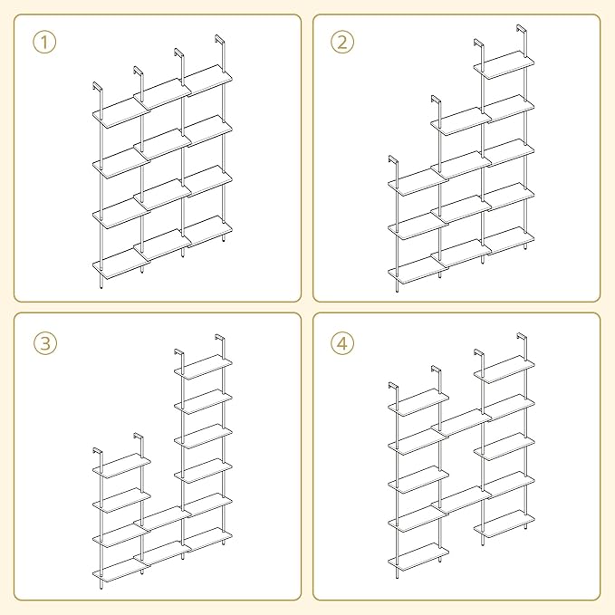 HOOBRO DIY Ladder Shelf, 6-Tier Wooden Wall Mounted Bookshelf, Narrow Gold Bookcase, Display Shelf, Storage Rack, Plant Stand, for Living Room, Bedroom, Study, Balcony, Marble and Gold DM651CJ01
