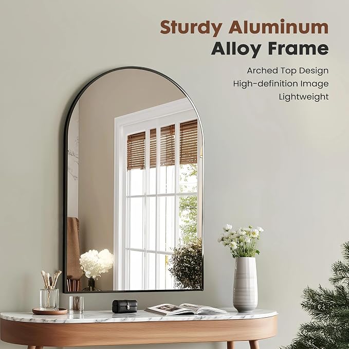 Arched Wall Mirror 30x20 Inch Black Bathroom Vanity Mirror with Metal Frame, Modern Arch Mirror for Bedroom, Living Room, Entryway, Wall Mounted Decorative Mirror