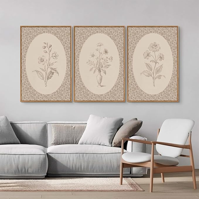 Rantodecor Vintage Flower Framed Canvas Wall Art Triptych, Rustic Floral Wall Decor, Retro Sketch Botanical Art Paintings, Antique French Cottage Artwork for Girls Bedroom Living Room Bathroom 16"x24"
