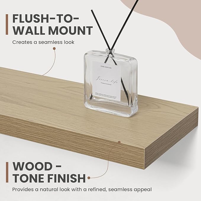 48 Inch Floating Shelves, 8 Inch Deep Floating Shelves for Wall, Hanging Shelf with Invisible Brackets, Deep Shelves for Bathroom, Bedroom, Living Room, Oak, Set of 2
