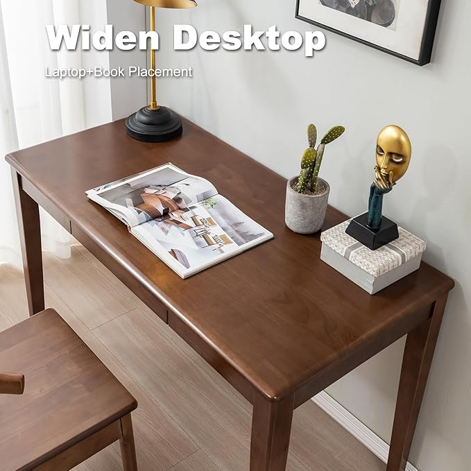 Solid Wood Desk with Drawer, Wooden Home Office Desk for Work, Student Computer Desk for Small Spaces, Gaming Study PC Desk for Bedroom, Easy to Assemble (Walnut Color 39 inch)