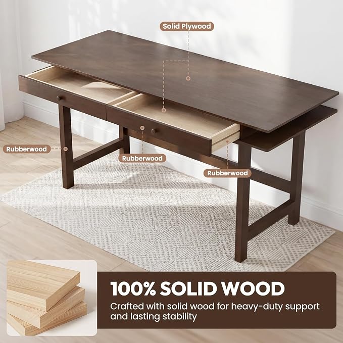 Double-Top Solid Wood Desk - 60-Inch Mid-Century Modern Writing Table with Drawers for Home Office, Study, and Creation, Rubberwood Computer Desk in Black Walnut