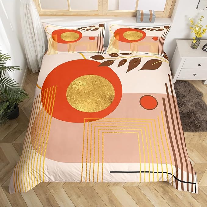 Erosebridal Beige Brown Abstract Boho Duvet Cover Toddler Size Minimalist Aesthetic Neutral Comforter Cover Mid Century Modern Bedding Set Botanical Leaves Geometric Bed Set