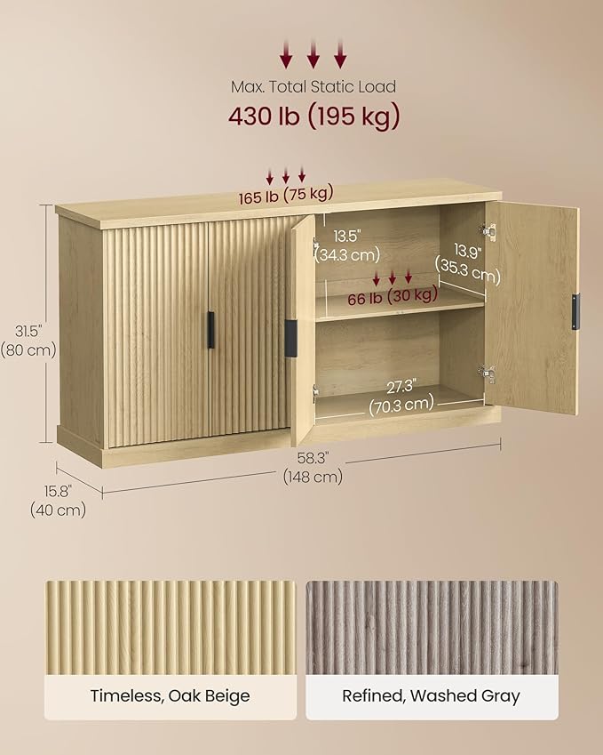 VASAGLE MAXE Collection - Buffet Cabinet, Fluted Console Cabinet, Sideboard with Adjustable Shelves, Mid Century Modern Buffet Table, 15.8 x 58.3 x 31.5 Inches, Oak Beige UBBK382Y01S