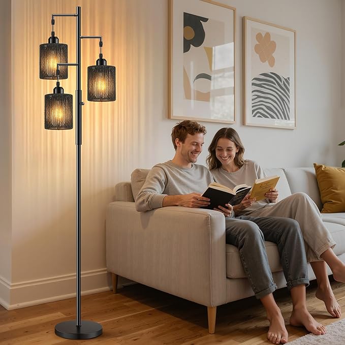 Hotsonic 72" Tall Boho Rattan Style Floor Lamp with Hand-Woven Paper Cord Shade, Dimmable Industrial Tree Standing Lamp for Living Room, Bedroom, Study Room, Office (3 x 800LM Bulbs Included) - Black