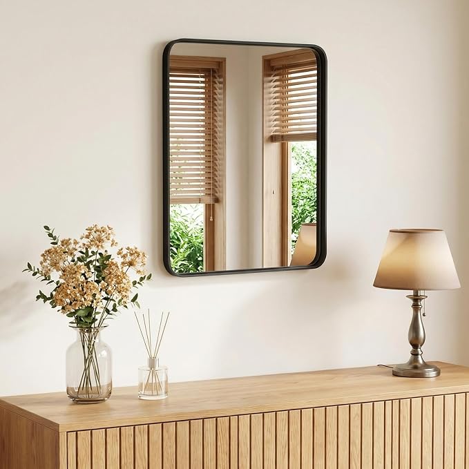 NEWBULIG 16X20 Inch Bathroom Mirror for Over Sink, Wall Vanity Mirrors Tempered Glass, Anti-Rust Metal Framed Rounded Rectangle, Hangs Horizontally or Vertically, Farmhouse Home Decor, Black