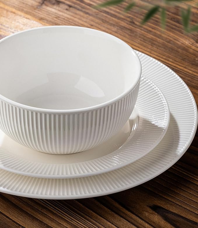 TheTerra Stoneware Dinnerware Sets for 4, 12 Pieces Ceramic Plates and Bowls Sets, Scratch Resistant Embossed Dish Set, Oven, Microwave & Dishwasher Safe, Bright White