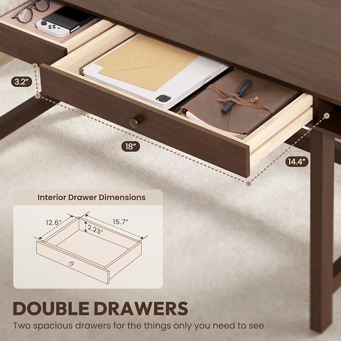 Double-Top Solid Wood Desk - 48-Inch Mid-Century Modern Writing Table with Drawers for Home Office, Study, and Creation, Rubberwood Computer Desk in Black Walnut