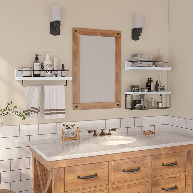 Bathroom Shelves Over Toilet for Wall, Floating Shelves with Storage Basket Paper Holer for Kitchen Living Room, Bedroom & Classroom, Set of 3 (White and Black)