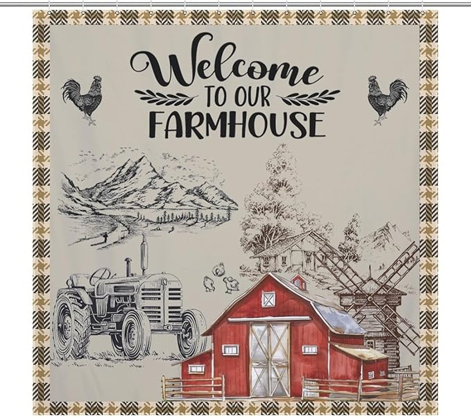 Farmhouse Animal Cabin Shower Curtains Rustic Plaid Buffalo Barn Rooster Waterproof Shower Curtains for Bathroom Decor 12 Pack Hooks 72x72in (183x183cm)