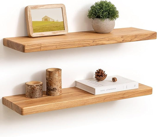Fun Memories 24 Inch Floating Shelves, Solid Elm Wood Wall Shelf for Home Decor, Rustic Bathroom Shelves Set of 2, Heavy-Duty Storage Shelf for Kitchen, Bedroom, Living Room