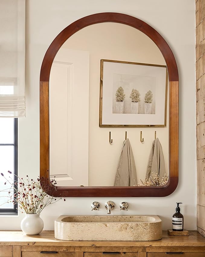 Arch Large Mirror 30 x 40 Inch,Brown Wood Rustic Bathroom Tempered Wall Mirror with Wood Frame,Round Corner Arch Farmhouse Wooden Vanity Mirror for Living Room,Entryway or Bedroom