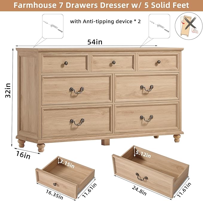 Farmhouse 54" 7 Drawers Dresser for Bedroom, Wide Wood Chest of Drawers w/ 4 Wooden Legs, Vintage Rustic Large Closet Storage Dressers Organizer for Hallway, TV Stand for Living Room, Natural