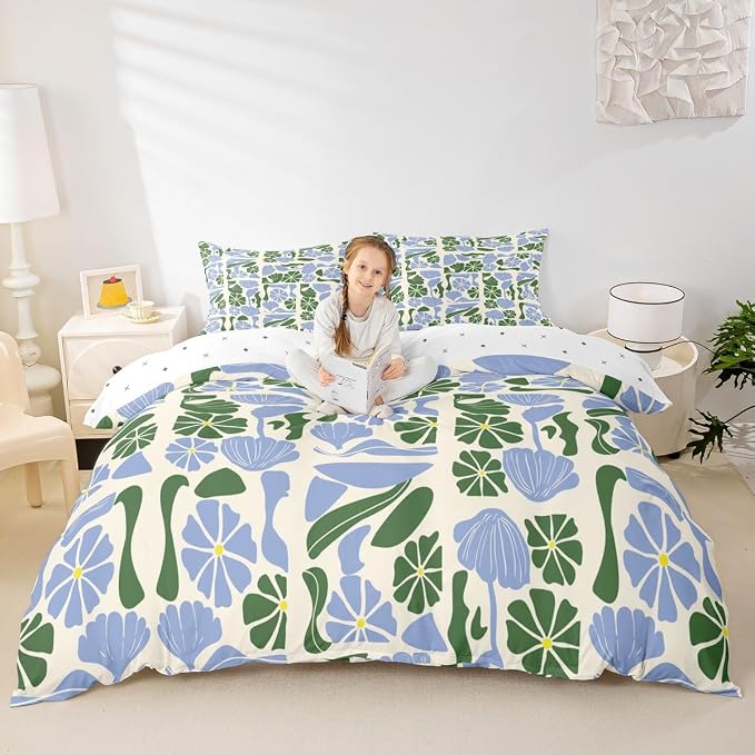 Erosebridal Mid Century Modern Comforter Cover King Abstract Geometric Boho Floral Bedding Set Cute Blue and Green Plants Patchwork Duvet Cover for Kids Adults,Vintage Aesthetic Geometric Bed Set