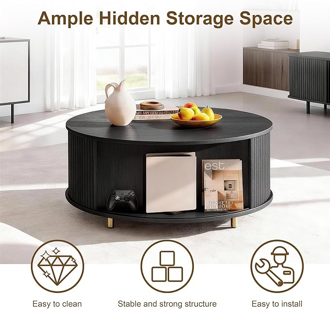 DHH Round Coffee Table, 31.5" Mid Century Modern Coffee Table with 360° Sliding Tambour Door, Fluted Accent Coffee Table with Storage Adjustable Footpads for Living Room, Black