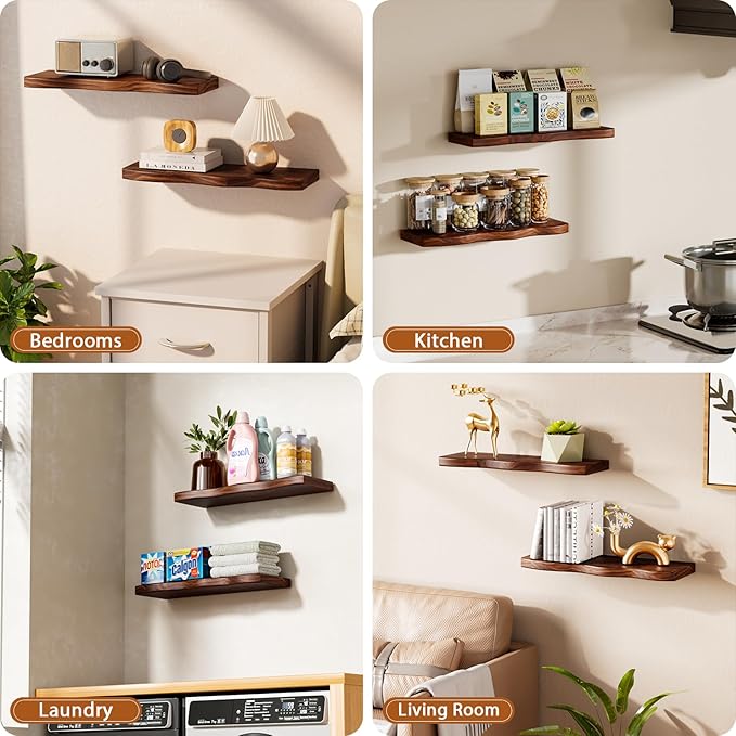 Floating Shelves for Wall, 24 inch Rustic Wooden Floating Shelves, Wall-Mounted Floating Bookshelf, Hanging Shelves with Unique Natural Grain for Living Room, Bedroom, Kitchen (Walnut Color)