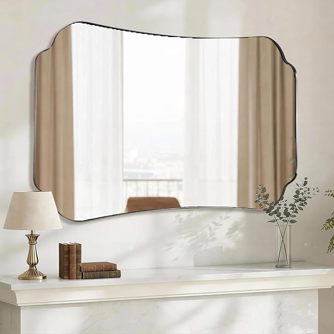 ANDY STAR 30x48 Brushed Nickel Mirror, Large Silver Scalloped Bathroom Wall Mirror with Metal Frame for Vanity, Vintage Scalloped Edge Design with Anti-Rust SUS Frame